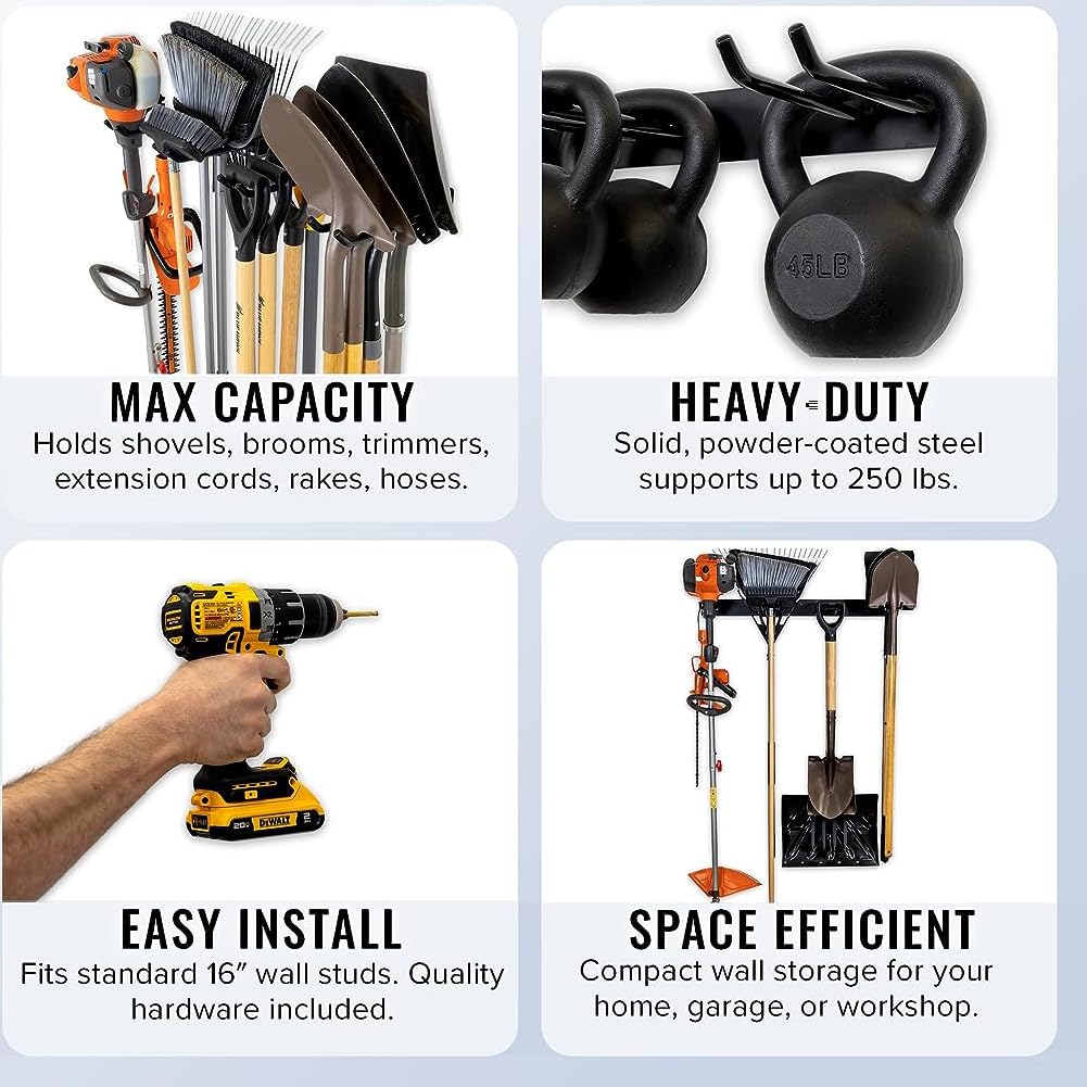 Serplex All Metal Garden Tool Organizer Garage Wall Mount Organizers and Storage with Heavy Duty Hooks Hangers for Hanging Landscaping Equipment, Ladder, Sport Gears, Hoses, Lawn Trimmer up to 250lbs Serplex All Metal Garden Tool Organizer Garage Wall Mount Organizers and Storage with Heavy Duty Hooks Hangers for Hanging Landscaping Equipment, Ladder, Sport Gears, Hoses, Lawn Trimmer up to 250lbs